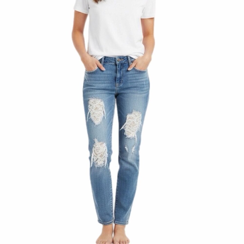 Inc Denim Women's Straight Leg Jeans 2 Regular Fit Lace Distressed Light Wash